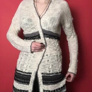 cream fuzzy knit trench cardigan with stripes  🤍🖤​​​​​​​​​​​​​​​​​​​​​​
